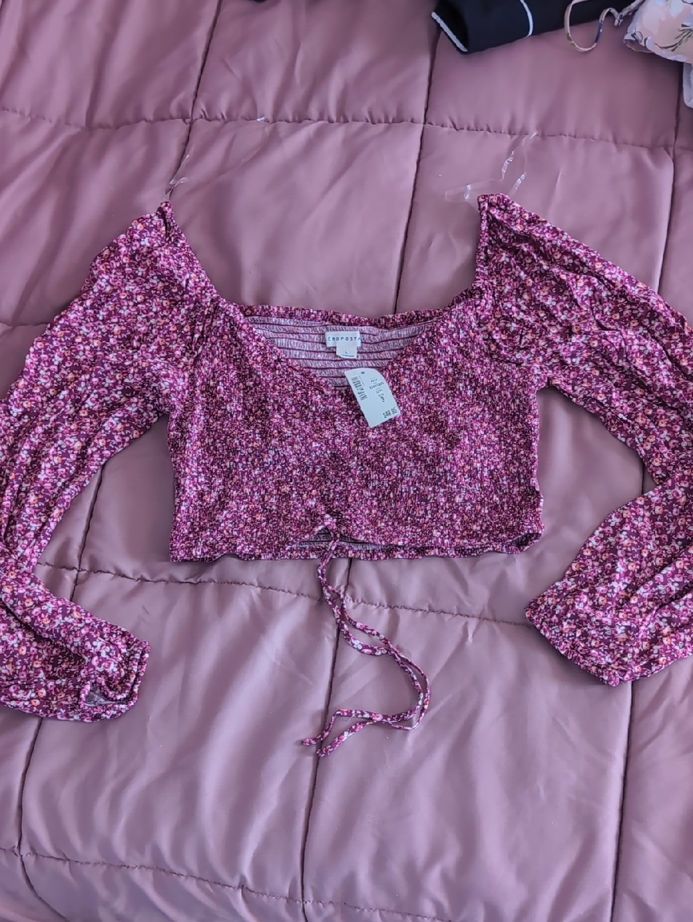 Aeropostale Large Pink Floral Smocked Crop Top with Tie Long Sleeve